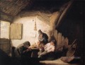 Village Taverne à quatre figures néerlandais genre peintres Adriaen van Ostade